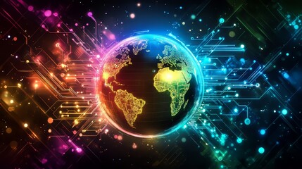 Obraz premium Colorful digital globe surrounded by vibrant data connections.