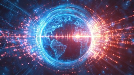 Obraz premium A vibrant digital representation of Earth with glowing energy patterns surrounding it.