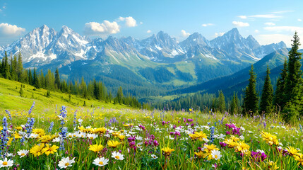 Alpine meadow wildflowers, majestic mountains, sunny day, scenic landscape, travel poster