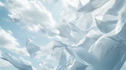 White fabric swirling, outdoor, blue sky, clouds, advertising