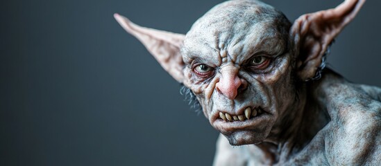 Angry goblin creature portrait, studio shot, grey background, fantasy art
