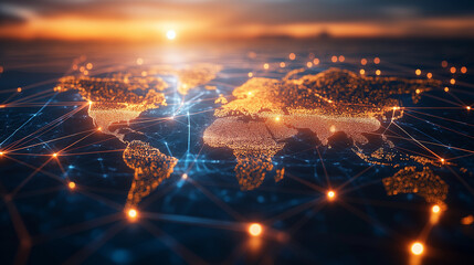 Global business network with glowing nodes and lines, symbolizing modern corporate connectivity and innovation.
