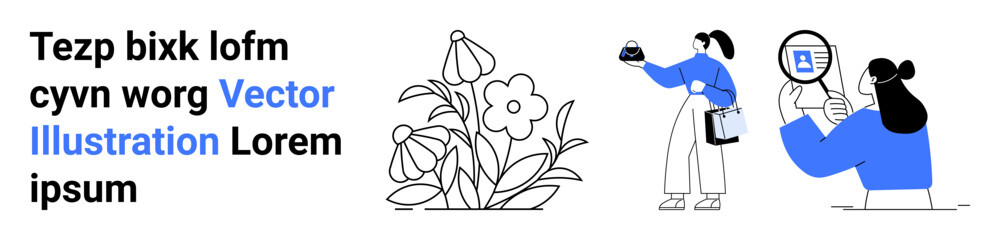 Two individuals studying plants, analyzing data, using a magnifying glass and notes. Ideal for teamwork, environment, research, communication, sustainability, learning and science concepts flat