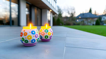 Naklejka premium Evening candles on patio, modern home background