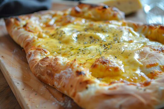 Close up of a freshly baked cheese pizza with herbs, resting on a wooden cutting board