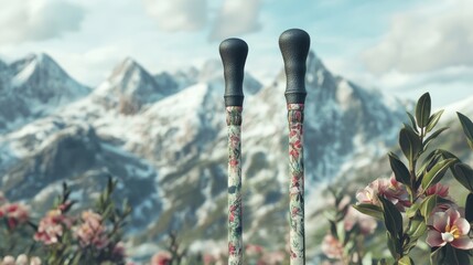 Hiking Sticks with Mountain and Floral Illustration 3d animation