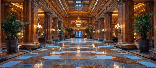 Obraz premium Luxurious hotel lobby, marble floor, grand columns, indoor plants. Ideal for travel brochures