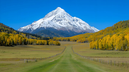 Fototapeta premium Autumnal valley road leading to snowy peak