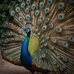 Obraz premium A beautiful peacock showcasing its full, vibrant tail in a mesmerizing display.