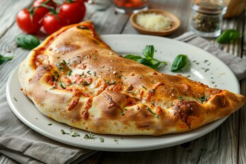 Close up of a freshly baked calzone, garnished with basil, sitting on a white plate on a wooden table with cherry tomatoes and spices in the background