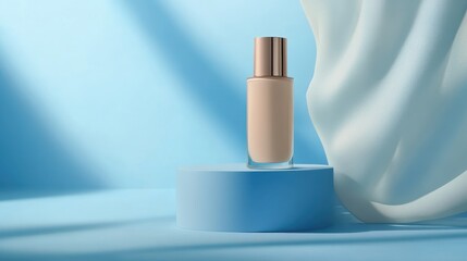 Bottles of makeup foundation and cushion,Collection of skin foundation bottles in different shades and samples on color background,makeup essentials,Cushion Foundation liquid and swatche,copy space.