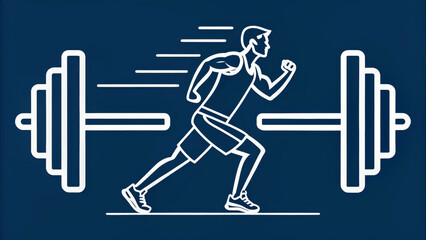 Stylized line drawing depicts a person in motion, surrounded by large dumbbells,suggesting a focus on fitness and strength.Dark background contrasts with the white outlines, emphasizing movement .AI