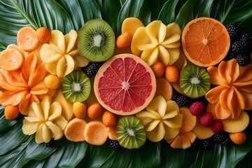 Sliced tropical fruits arranged on large green leaf creating colorful pattern