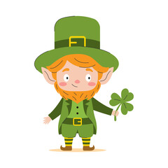 Cute leprechaun with shamrock. Vector illustration.