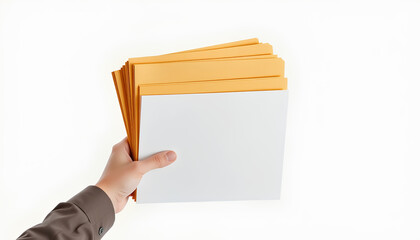 Hand holding manila file folders isolated on transparent or white background foto stock. Ready to some office meeting