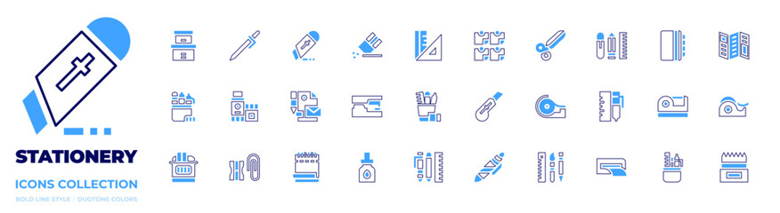 Stationery icon collection. Bold line style. Duotone colors. pens, stapler, glue stick, ink cartridge, chalk, pencil sharpener, stationery, tools, notepad, cutter, pen, scotch tape