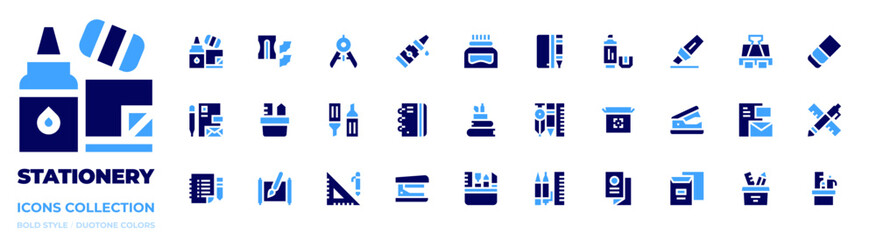 Stationery icon collection. Bold style. Duotone colors. stationery, compass, liquid glue, markers, notebook, pencil case, ink bottle, pencil sharpener, education