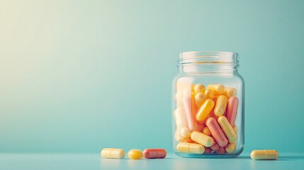 Colorful capsules in a glass jar with scattered pills on a soft blue background