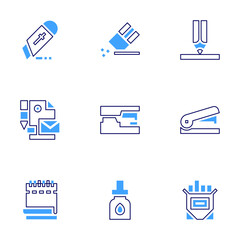 Stationery icon set. Bold line style. Duotone colors. Editable stroke. stapler, cutter, ink cartridge, stationery, eraser, notepad, pencil, chalk