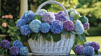 A white wicker basket filled with vibrant blue and purple hydrangeas rests on a table, with additional blossoms around.