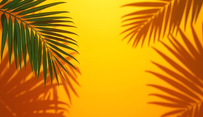 Tropical palm leaves natural shadow overlay on orange texture background, for overlay on product presentation, backdrop and mockup, summer seasonal concept, minimal trend style
