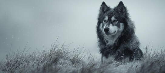 Obraz premium Majestic wolf in snowy field, winter landscape, calm gaze. Wallpaper, website