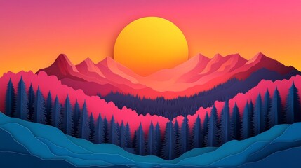 Serene mountain landscape in stylized paper cut design at sunset