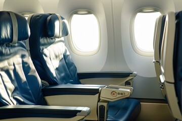 Comfortable blue seats and bright oval windows create a relaxing atmosphere inside an airplane cabin, ready for passengers