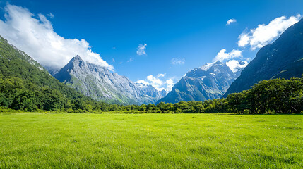 Obraz premium Lush green valley meadow, snow-capped mountains, sunny sky; travel poster