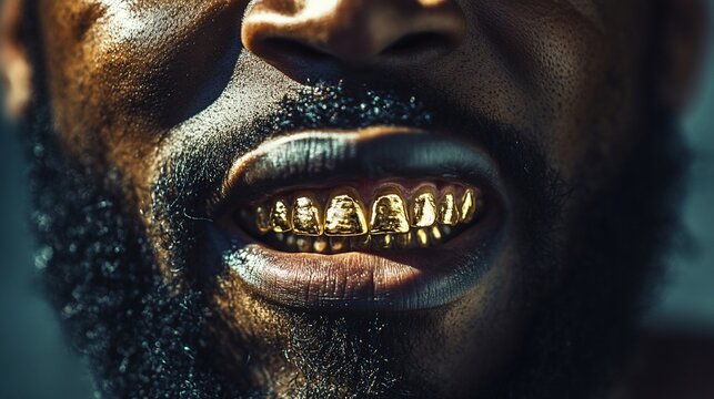 Man's gold grills, close-up, urban setting, sunlight