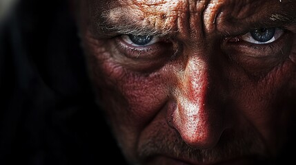 Angry senior man close-up portrait, dark background, film noir style, advertising