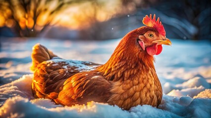 Fototapeta premium Rustic low-light photo: a free-range hen, red-brown feathers, wet from snow, organic farm.