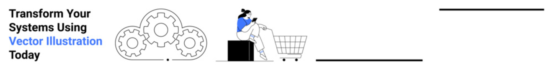 Cloud with gear elements, person pushing a shopping cart, and system transformation. Ideal for cloud computing, digitalization, e-commerce, tech services, automation, workflow management flat