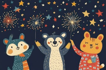 Obraz premium Festive Animals Celebrate With Fireworks and Stars