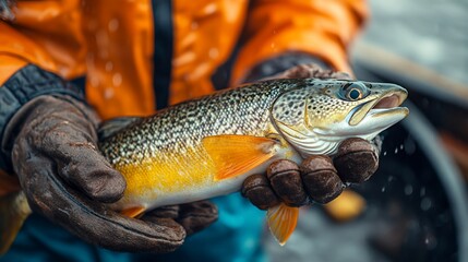 Obraz premium Fisherman holding trout, boat background, river, catch, outdoors