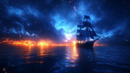 Night ocean voyage with ship sailing under starry sky
