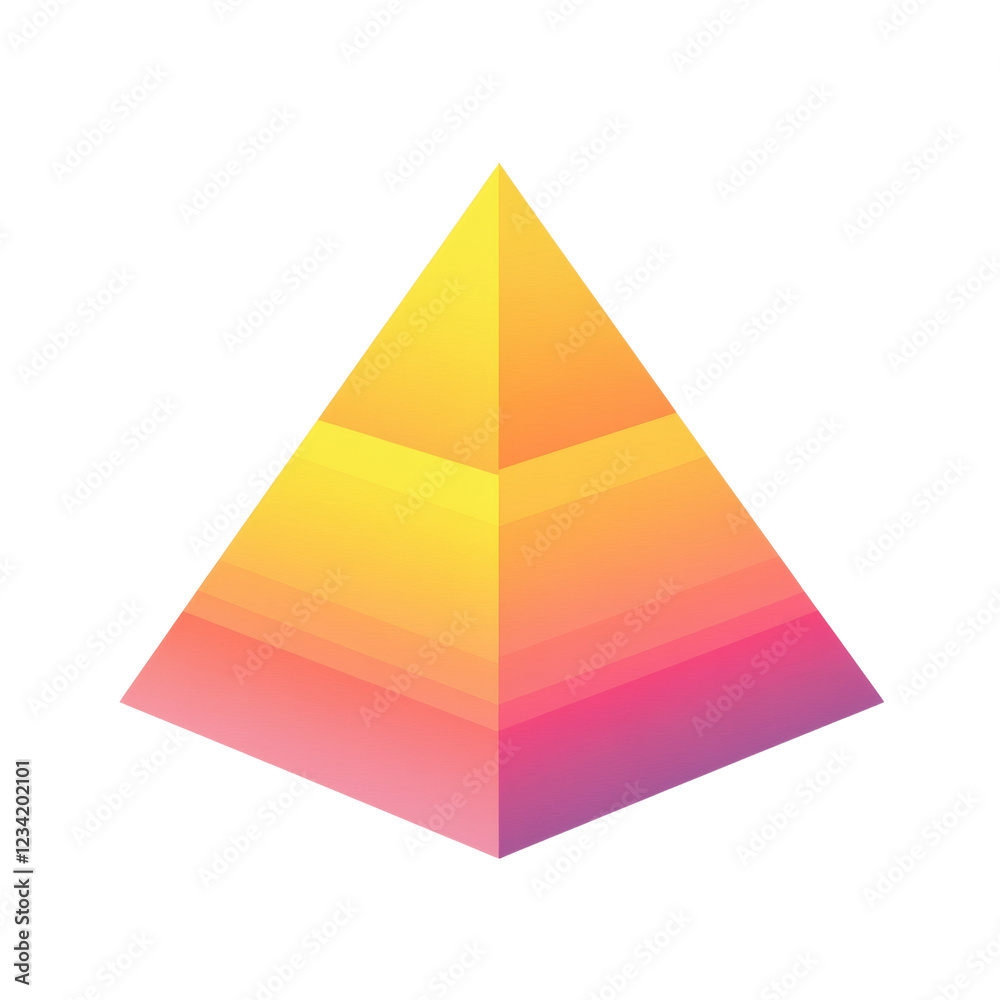 Poster A three dimensional abstract pyramid with a layered gradient of warm colors ranging from yellow to pink and purple.