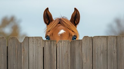 Curious american chestnut horse peeking over wooden fence