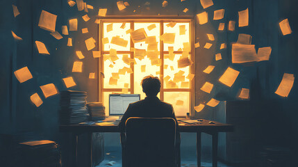 Overwhelmed Man Amidst Flying Papers at Night