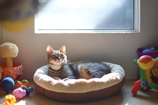 A cozy animal shelter room with a cat resting in a soft bed, surrounded by toys and sunlight streaming through the window, showcasing the peaceful environment of a loving shelter. 