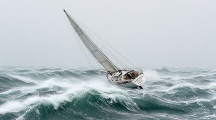 Obraz premium Yacht sailing stormy ocean waves, adventure, dramatic sky, nautical travel