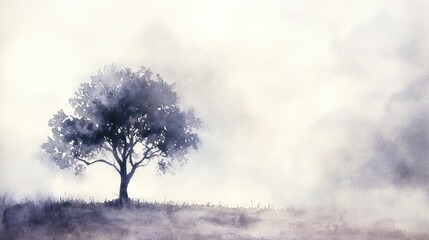 Solitary tree in misty field, sunrise; peaceful nature scene, ideal for meditation or relaxation