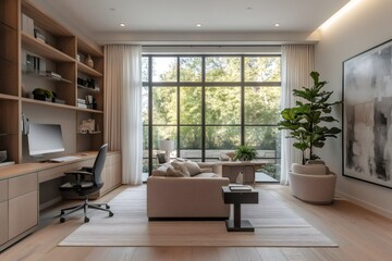Modern home office and living room with large windows overlooking lush garden