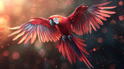 Scarlet Macaw in Flight Wings Spread Red Feathers Bokeh Background