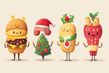 Naklejka premium Groovy Christmas fast food cartoon characters set. Funny retro personages and happy friends standing