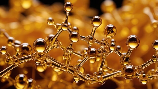 Golden drops and splash of synthetic motor oil lubricant additive carbohydrate molecules in vibrant intertwinned depicting