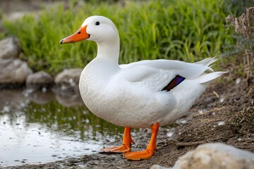 Obraz premium A close-up of a beautiful white duck with orange beak and feet standing near a farm pond.