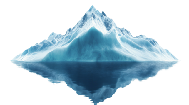 Giant iceberg floating on calm water with transparent background