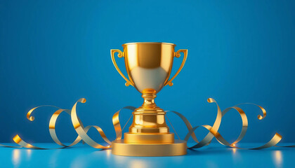 Golden Trophy with Streamers on Blue Background &ndash; Symbol of Success, Achievement, Business Excellence, and Competitive Victory