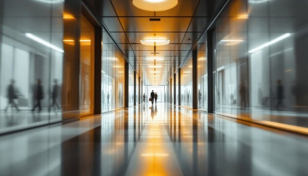 Silhouetted figures in modern glass corridor illuminated by warm lights